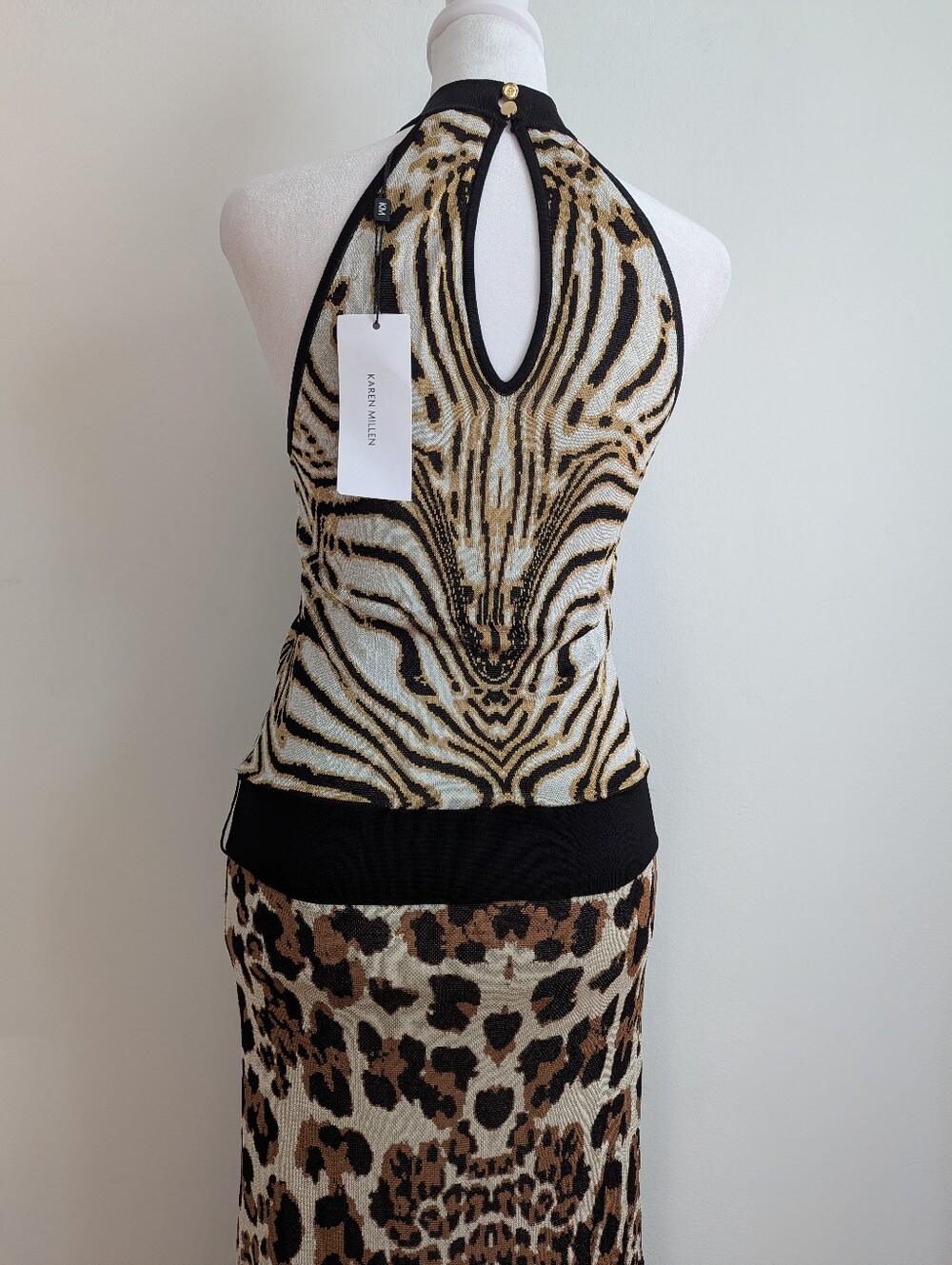 Karen Millen NWT Slinky Animal Print Knit Maxi Dress 4 Halter Safari Cocktail - Picture 4 of 12